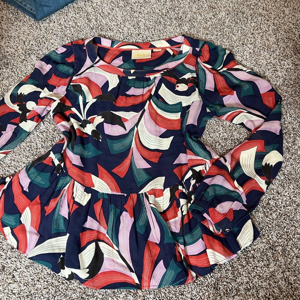 Maeve Navy Multicolor Abstract-Print Long-Sleeve Peplum Top